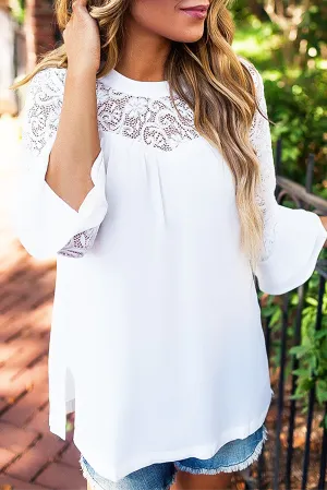 Casual Solid Lace Split Joint O Neck Tops（4 colors）