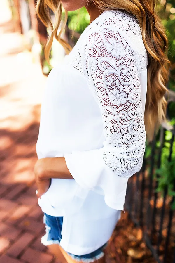 Casual Solid Lace Split Joint O Neck Tops（4 colors）