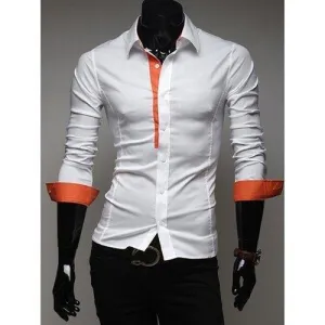 Casual Style Fitted Shirt Collar Chic Color Splicing Long Sleeves Polyester Shirt For Men - Orange L