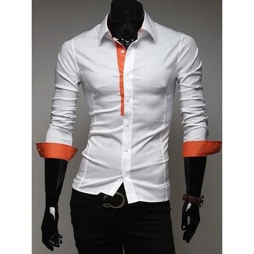 Casual Style Fitted Shirt Collar Chic Color Splicing Long Sleeves Polyester Shirt For Men - Orange L