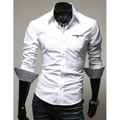 Casual Style Turn-down Collar Slimming Individual Stripes Print Long Sleeves Men's Polyester Shirt - White M