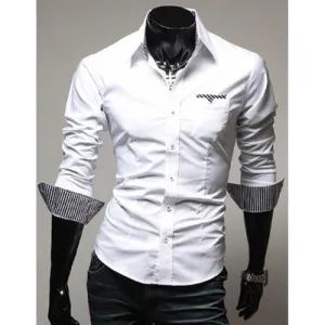 Casual Style Turn-down Collar Slimming Individual Stripes Print Long Sleeves Men's Polyester Shirt - White M