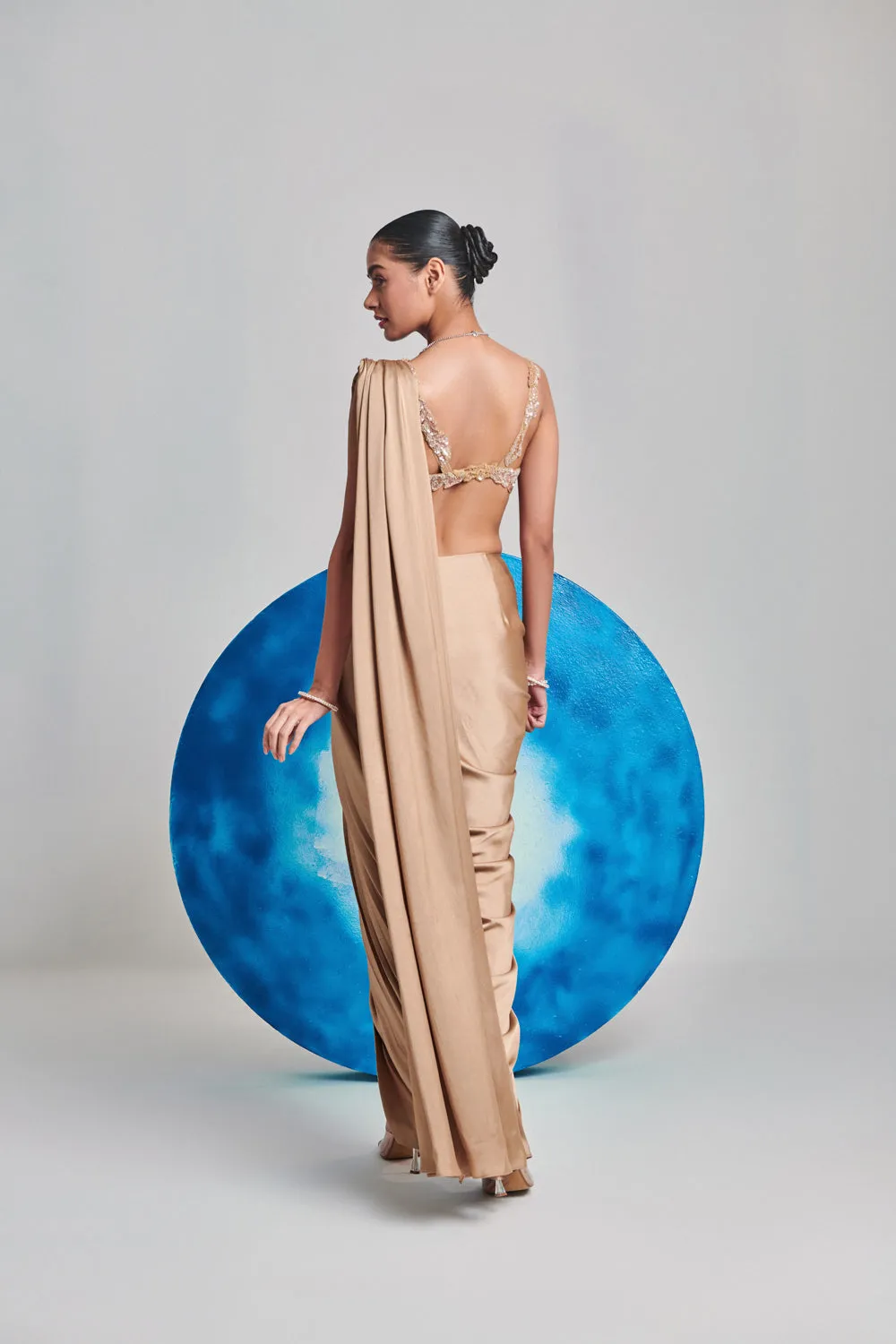 Champagne Gold Pre Stitch , Hand Pleated Drape Saree Set; Cutwork Blouse