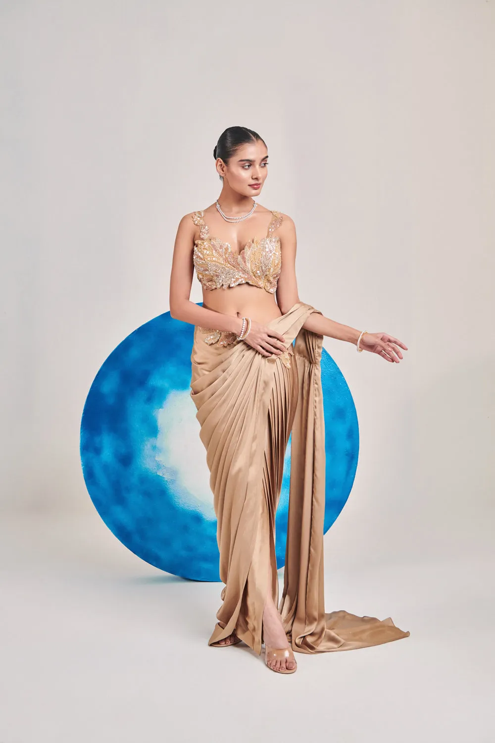 Champagne Gold Pre Stitch , Hand Pleated Drape Saree Set; Cutwork Blouse