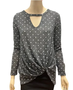 Charcoal Keyhole  V Neck Sweater w/ Polka Dots