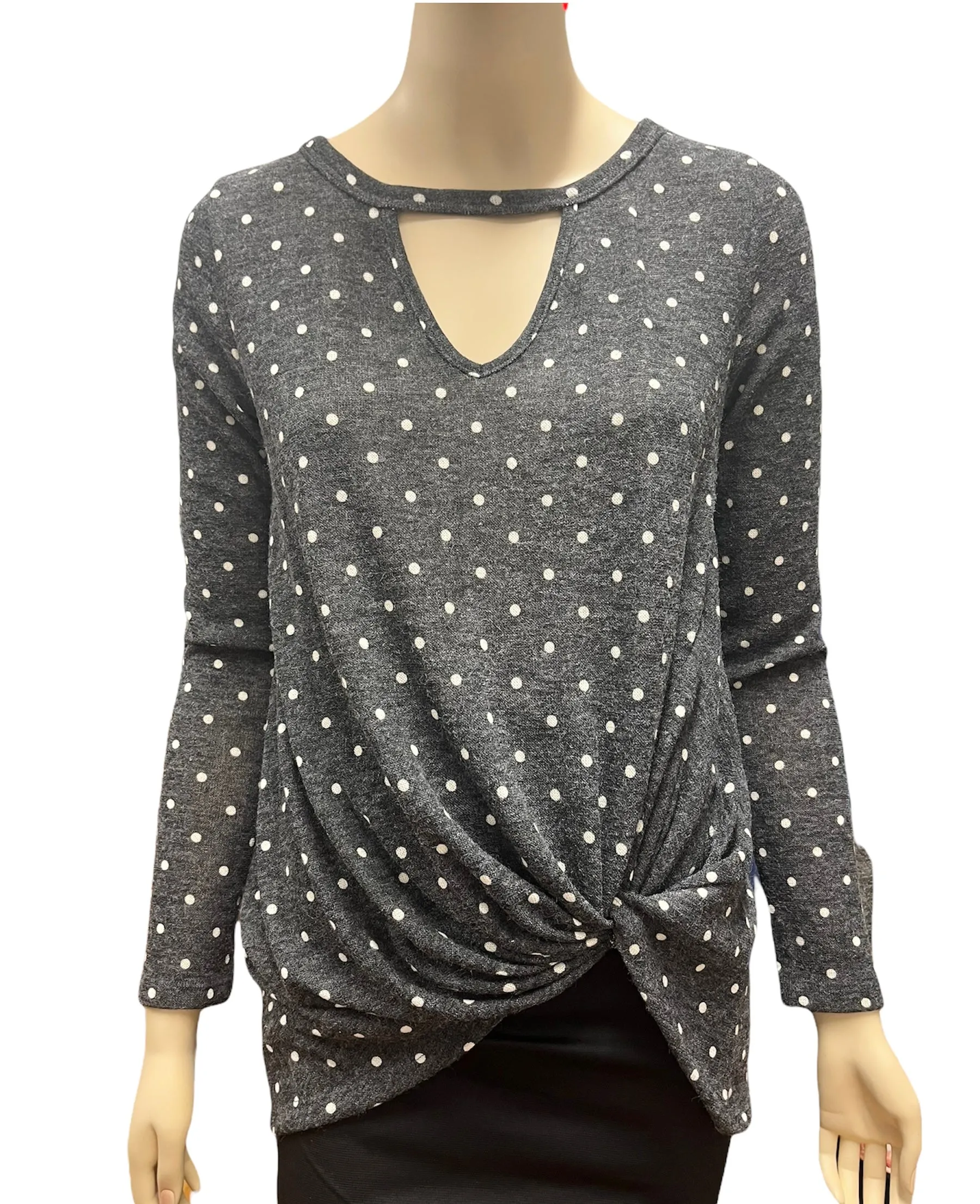 Charcoal Keyhole  V Neck Sweater w/ Polka Dots