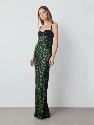 Chiffon Bustier Dress in Black Leaf Print