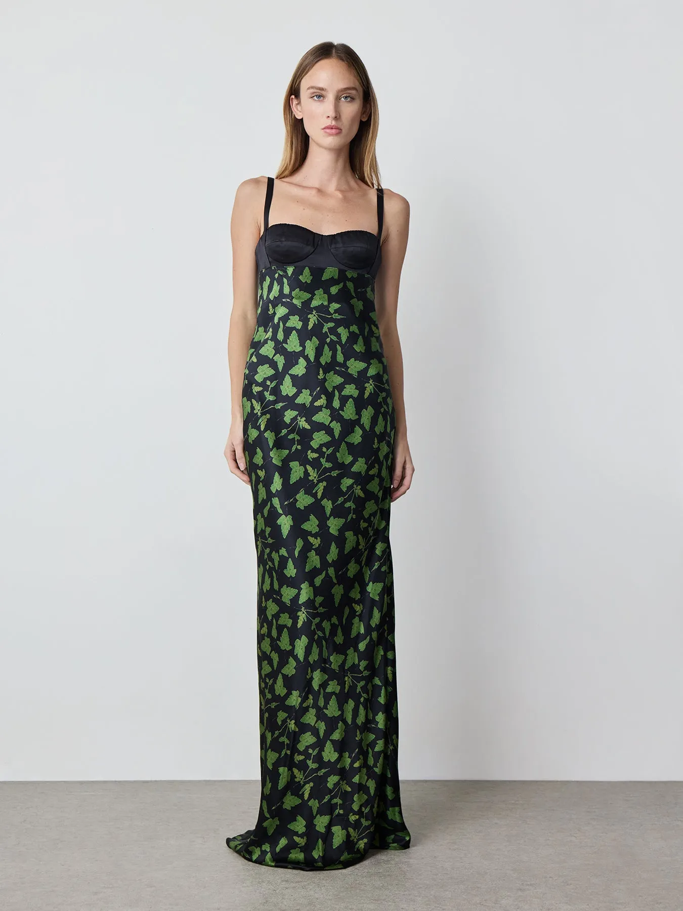 Chiffon Bustier Dress in Black Leaf Print