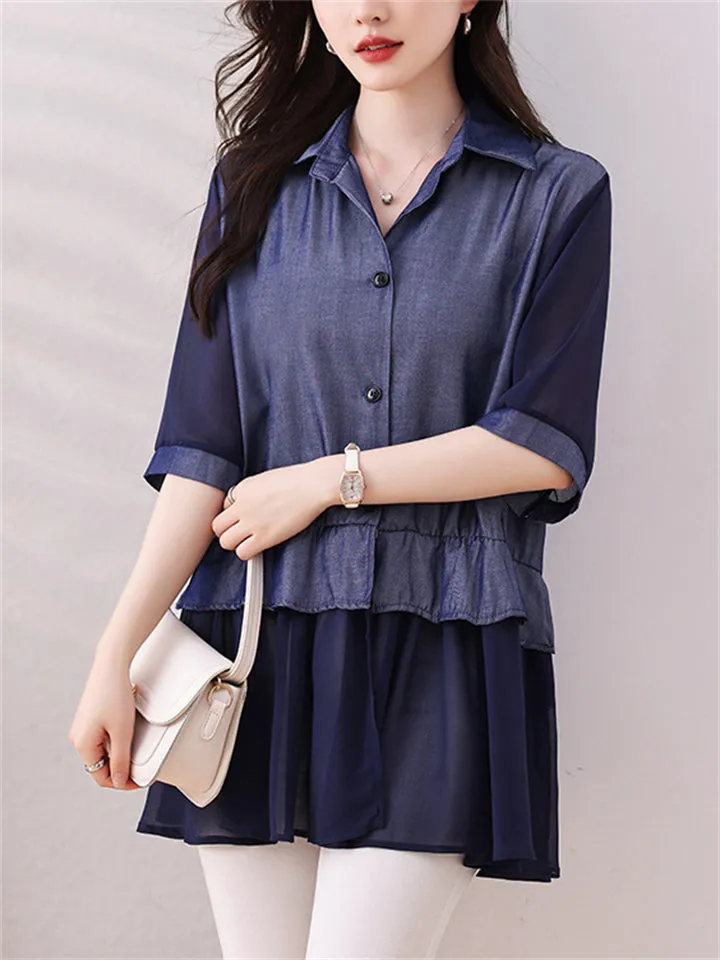 Chiffon Patchwork Blue Lapel Shirt for Women