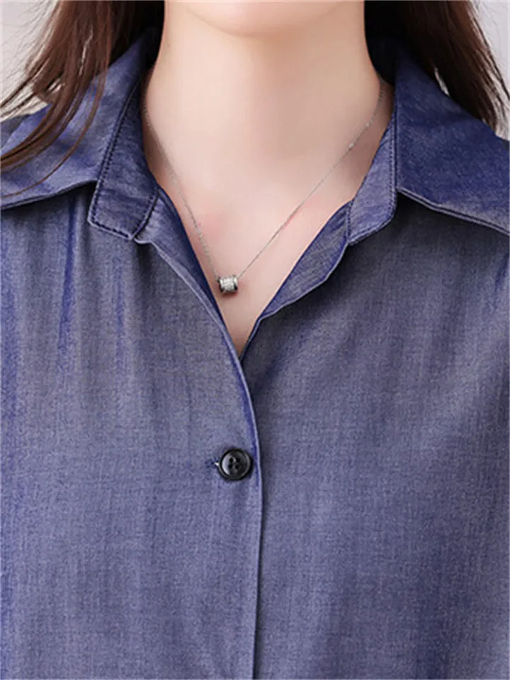 Chiffon Patchwork Blue Lapel Shirt for Women