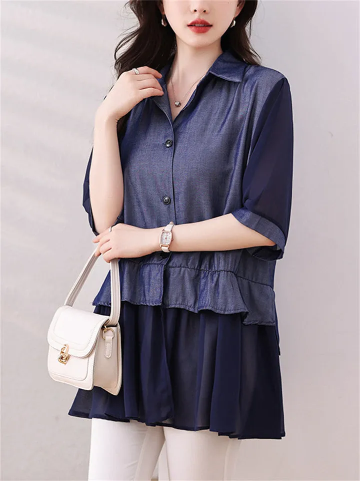Chiffon Patchwork Blue Lapel Shirt for Women