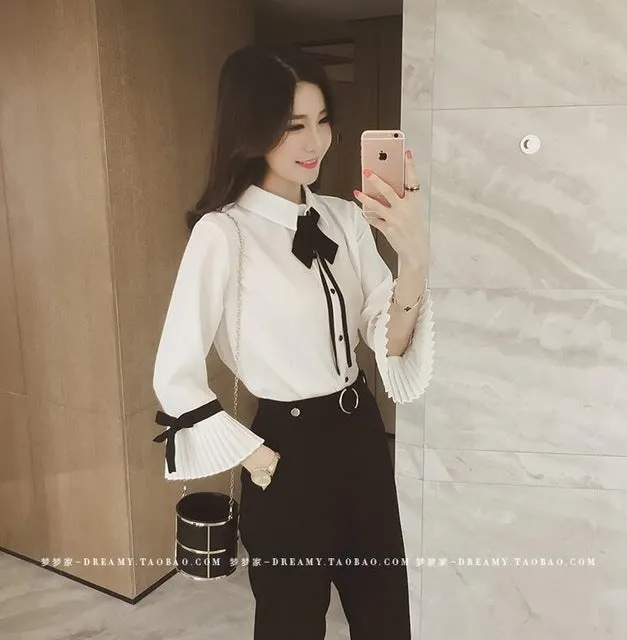 Chiffon Shirts Women Blouses 2018 Spring Autumn Fashion Preppy Casual Blouse Bow Tie Long Trumpet Sleeve Women's Shirt