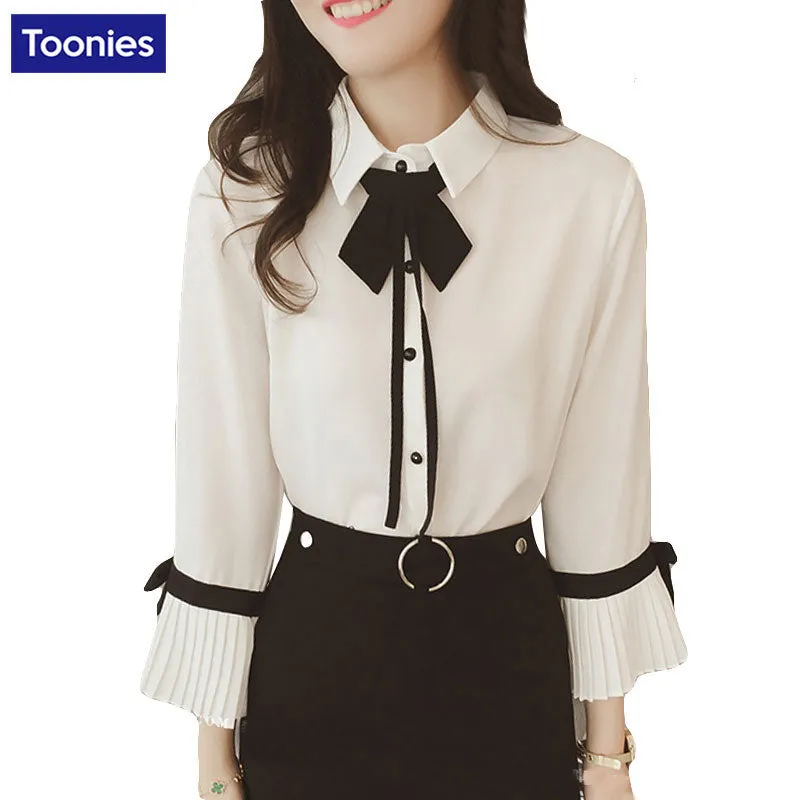 Chiffon Shirts Women Blouses 2018 Spring Autumn Fashion Preppy Casual Blouse Bow Tie Long Trumpet Sleeve Women's Shirt