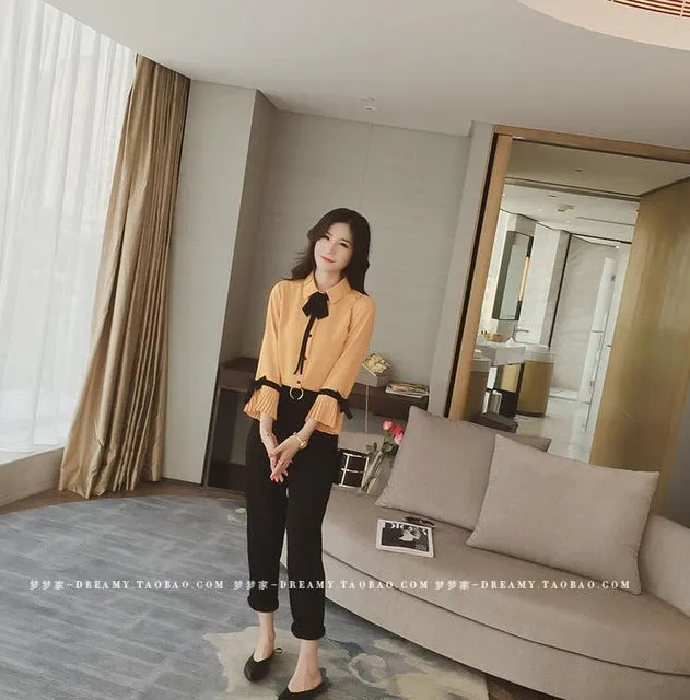 Chiffon Shirts Women Blouses 2018 Spring Autumn Fashion Preppy Casual Blouse Bow Tie Long Trumpet Sleeve Women's Shirt