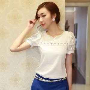 Cloth Women Blouse Lady Short Sleeve V neck Chiffon Shirts Fashion Lace Women's Casual Tops