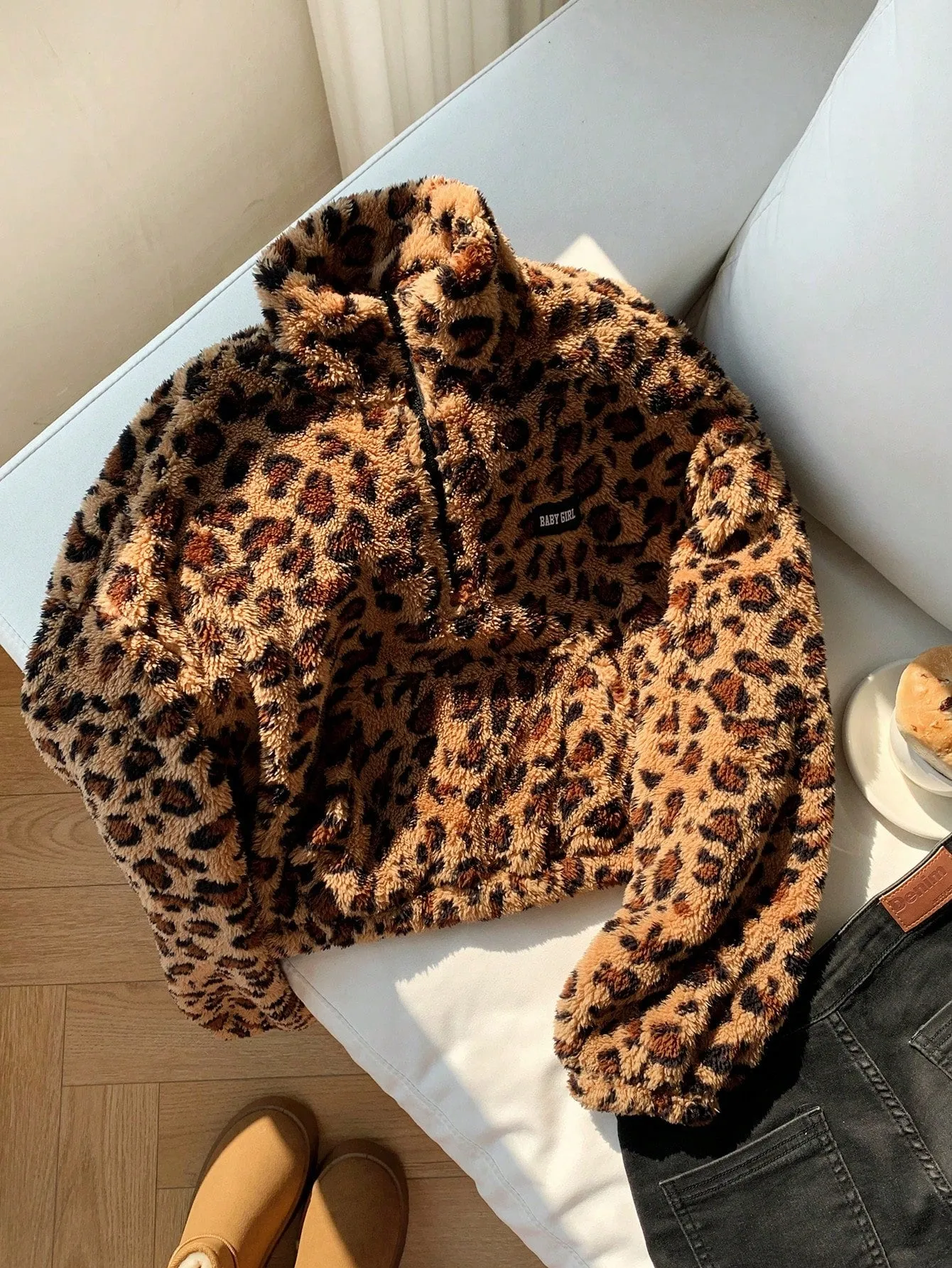 Comfortcana Leopard Faux Fur Women's Casual Letter Graphic Pullover Sweatshirt, Autumn/Winter