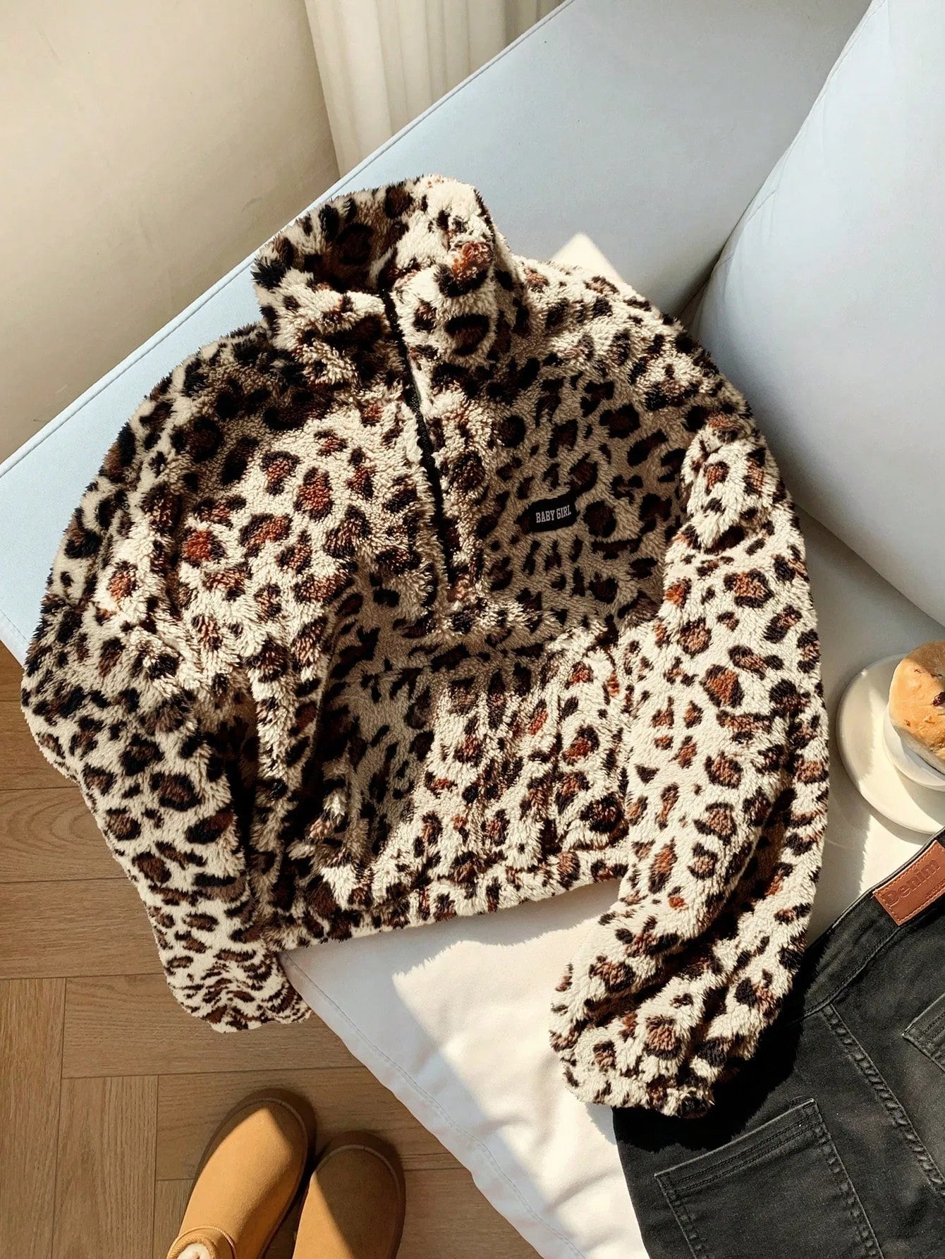 Comfortcana Leopard Faux Fur Women's Casual Letter Graphic Pullover Sweatshirt, Autumn/Winter