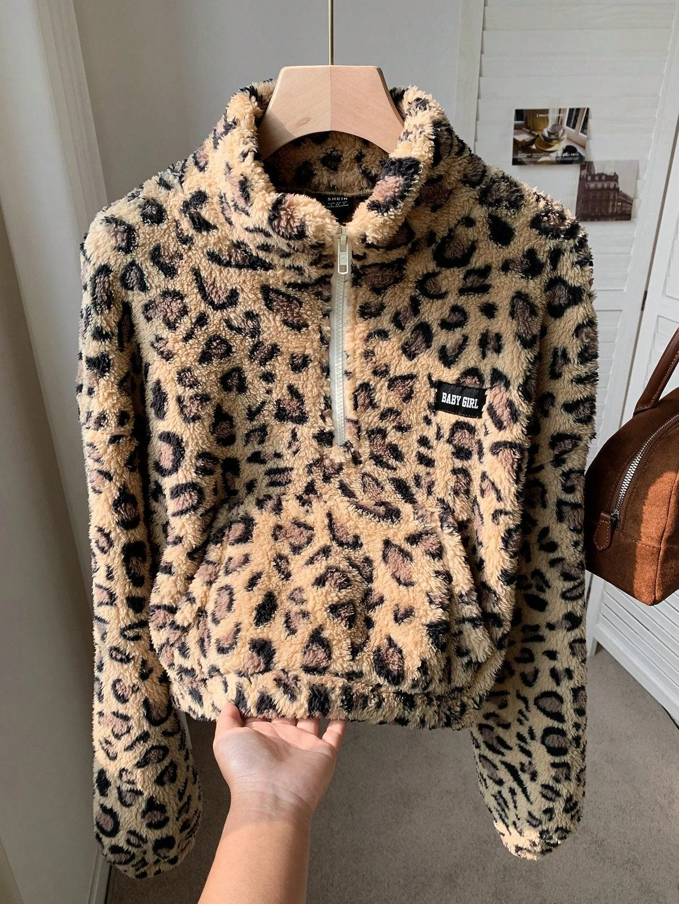 Comfortcana Leopard Faux Fur Women's Casual Letter Graphic Pullover Sweatshirt, Autumn/Winter
