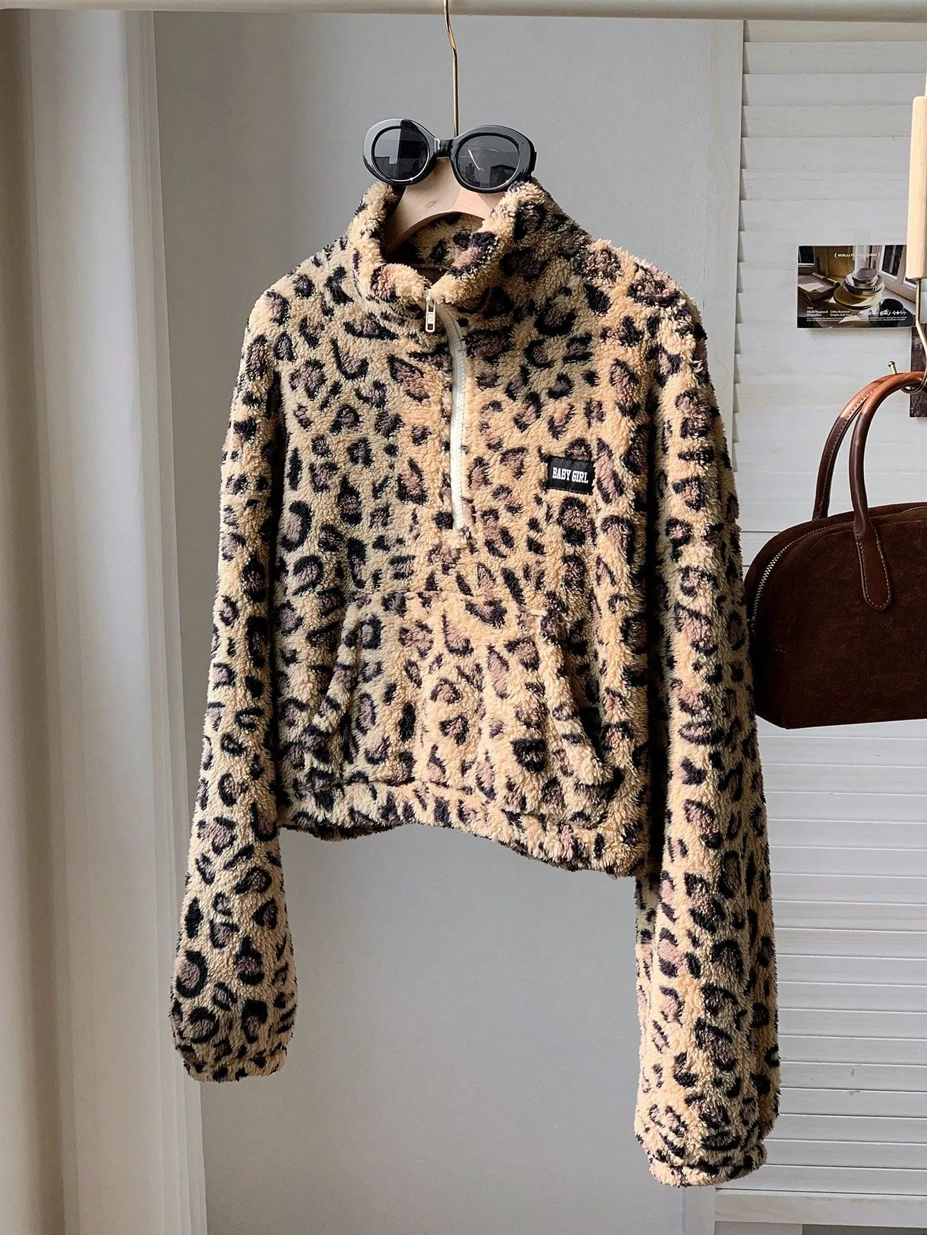 Comfortcana Leopard Faux Fur Women's Casual Letter Graphic Pullover Sweatshirt, Autumn/Winter