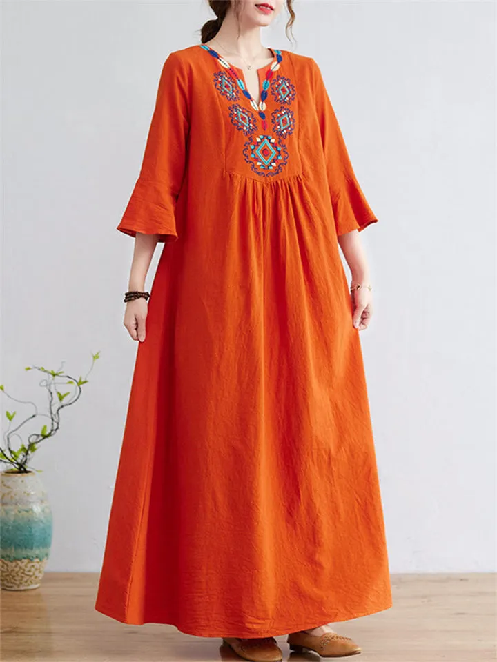 Cotton Linen 3/4 Sleeve V-neck Dress for Women