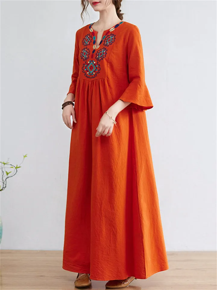 Cotton Linen 3/4 Sleeve V-neck Dress for Women