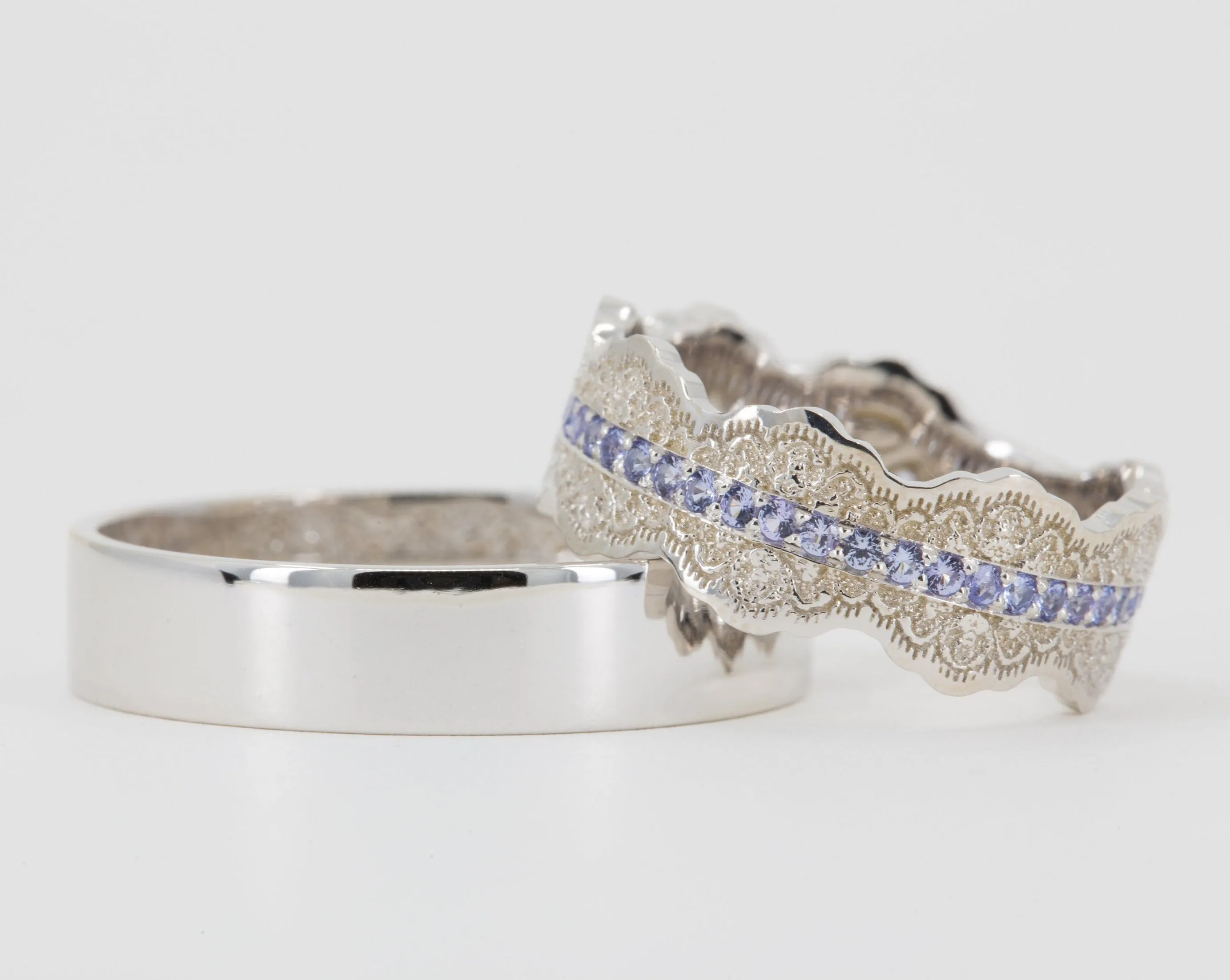 Couples Matching Esme Lace Wedding Ring Set with Tanzanite Gemstones