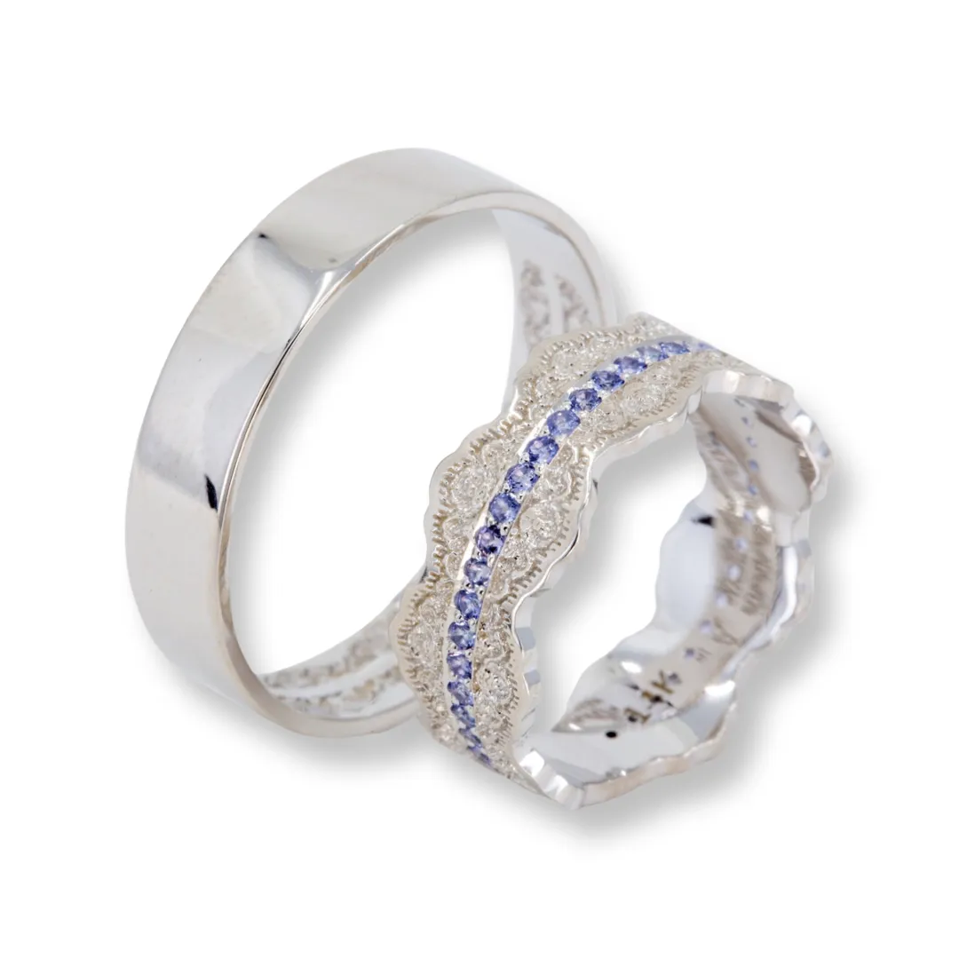 Couples Matching Esme Lace Wedding Ring Set with Tanzanite Gemstones