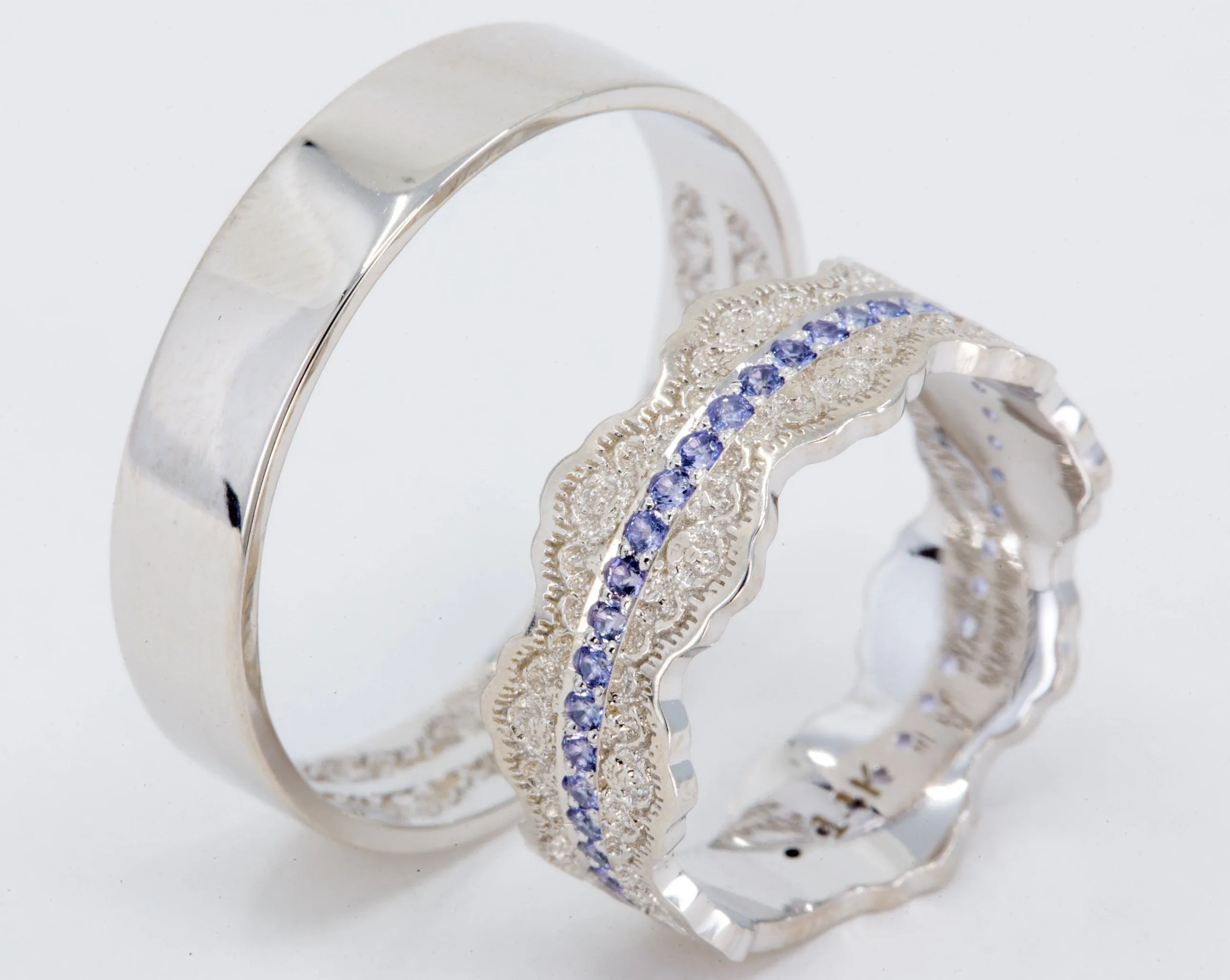 Couples Matching Esme Lace Wedding Ring Set with Tanzanite Gemstones