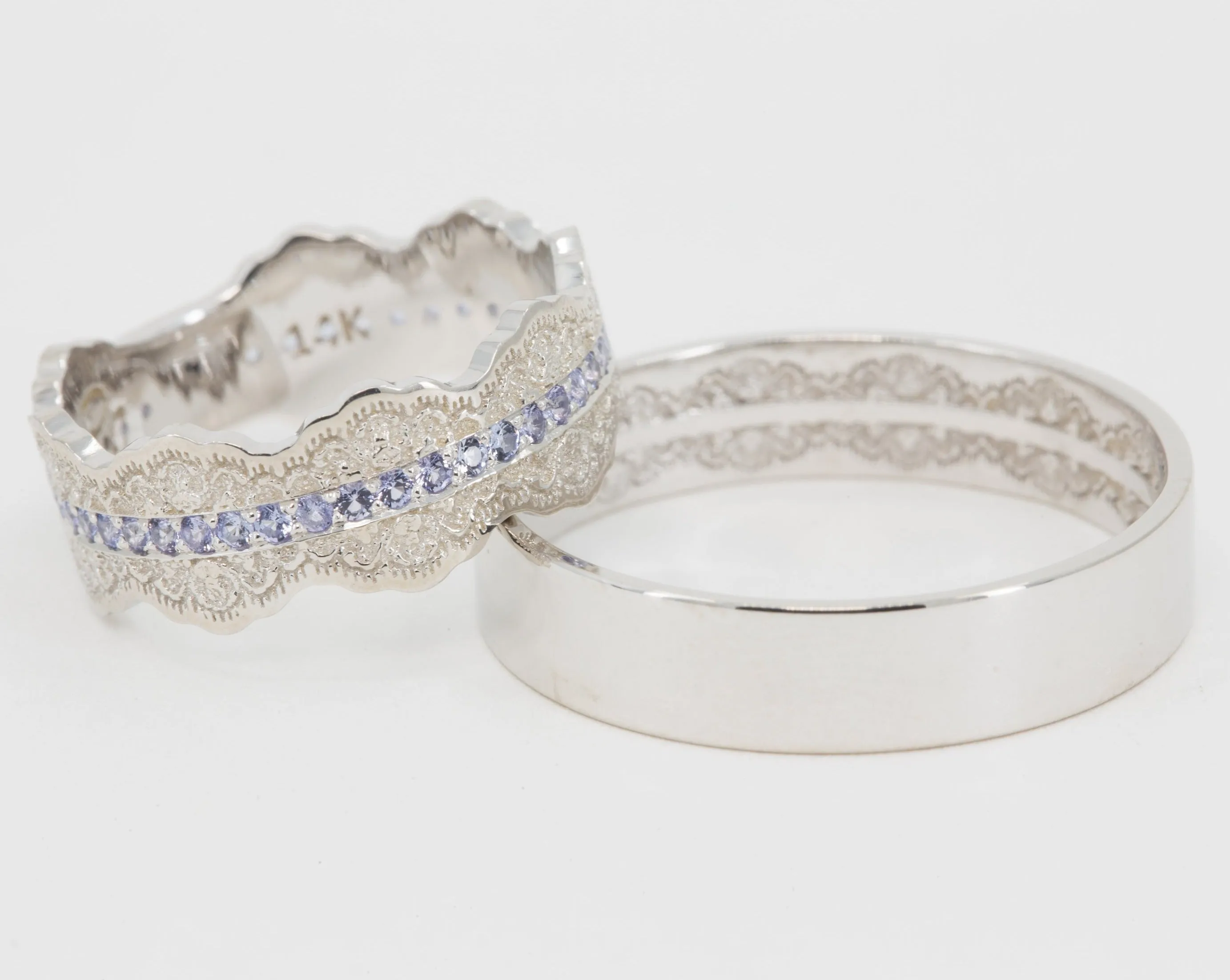 Couples Matching Esme Lace Wedding Ring Set with Tanzanite Gemstones