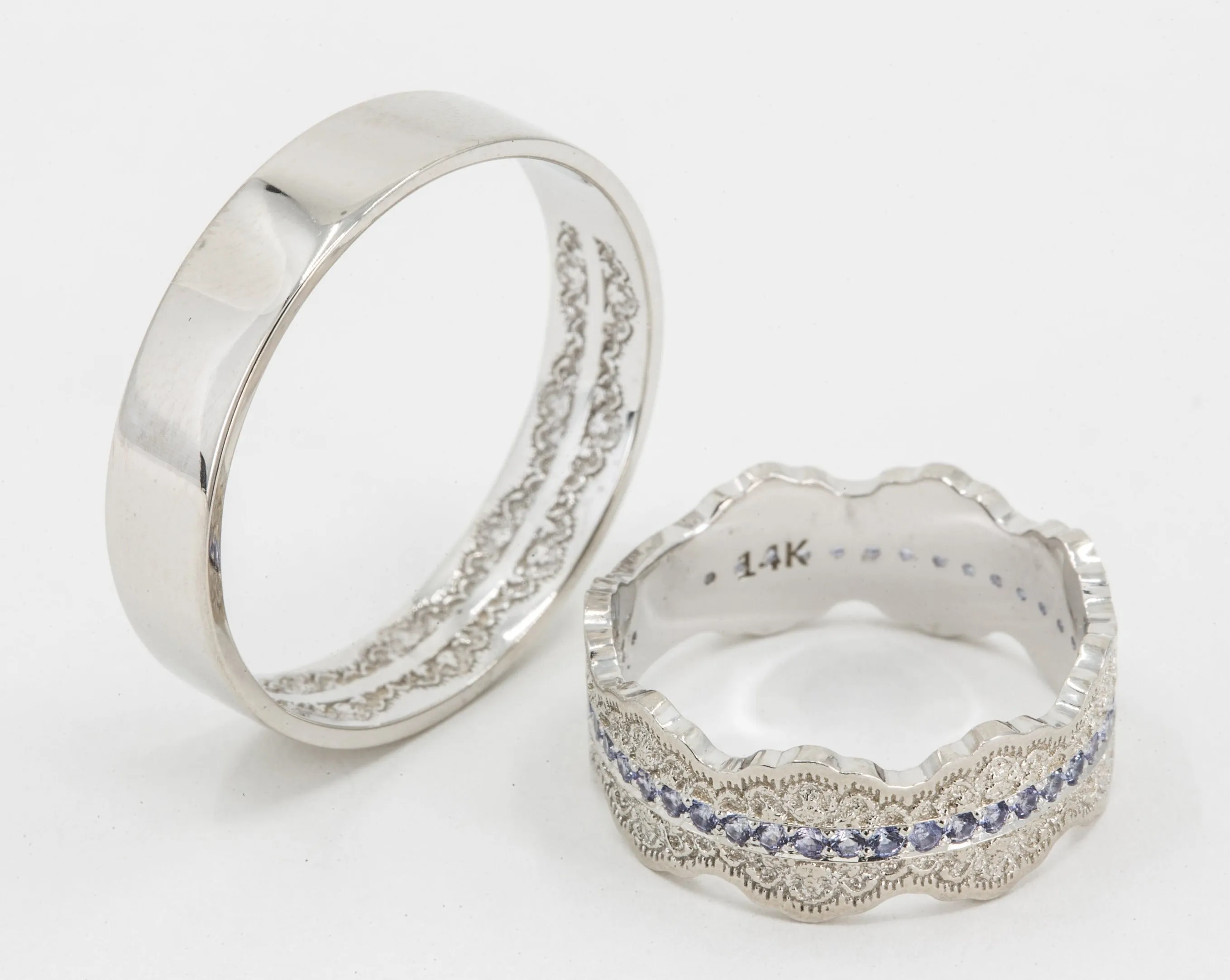 Couples Matching Esme Lace Wedding Ring Set with Tanzanite Gemstones