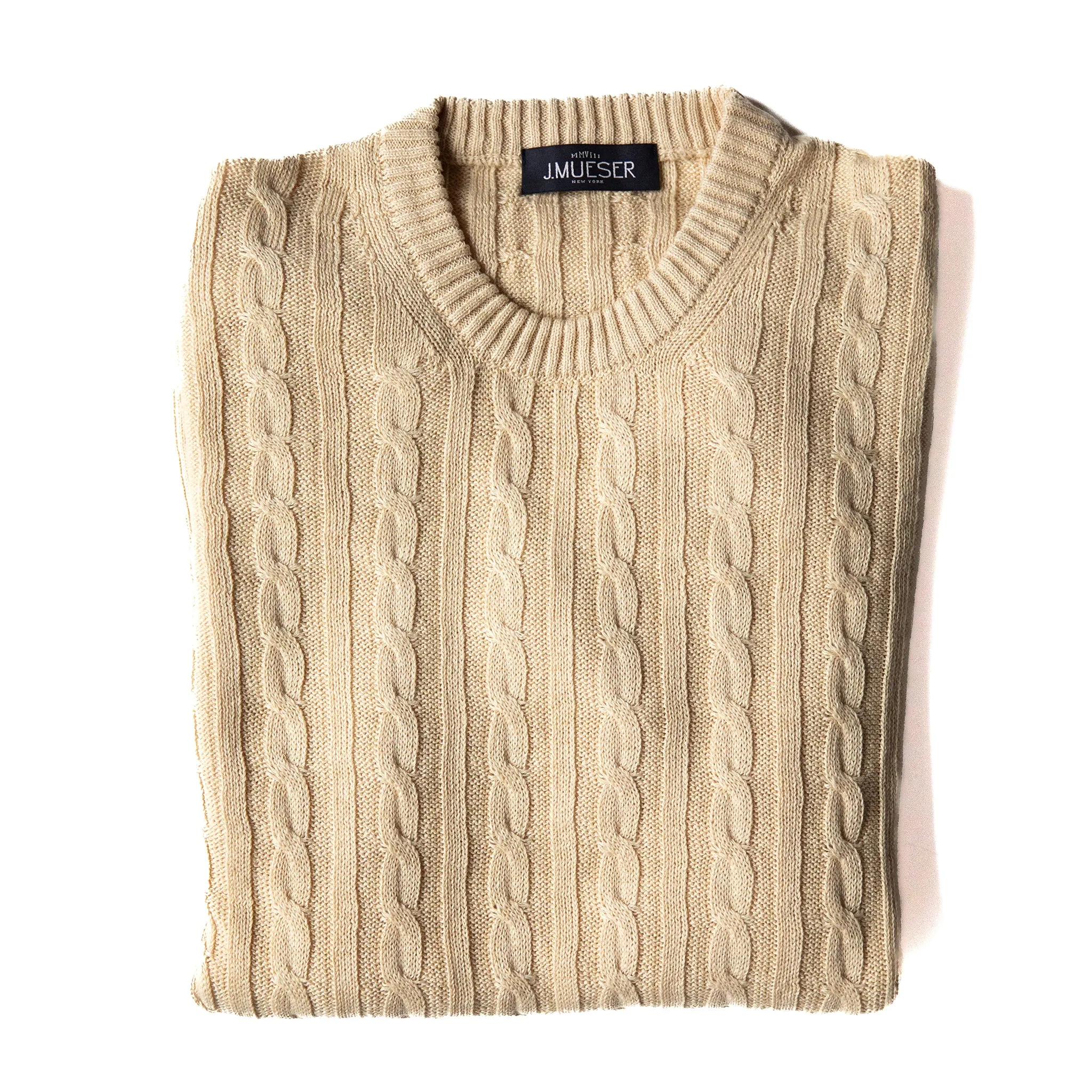 Cream Cotton/Linen Cable Knit Crewneck