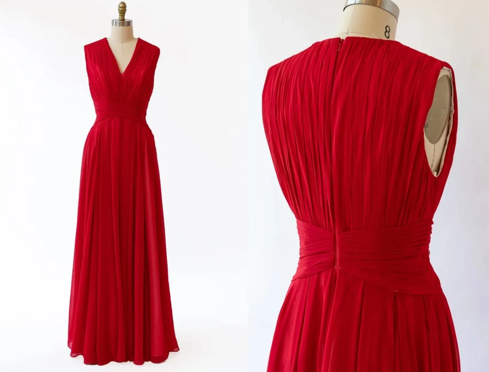 Crinkle V Neck Sleeveless Pleated Red Chiffon Long Bridesmaid Dress
