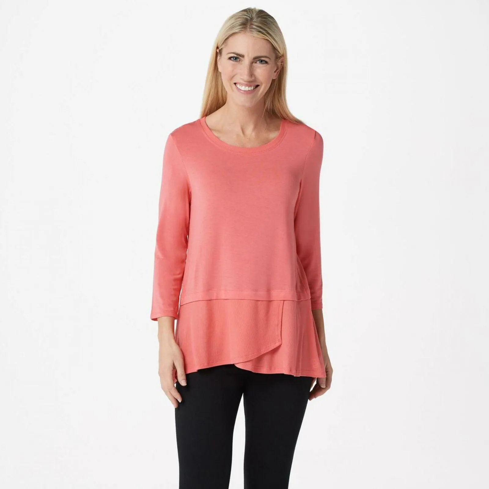 Cuddl Duds Softwear Stretch 3/4 Sleeve Peplum Top Coral Glow Small