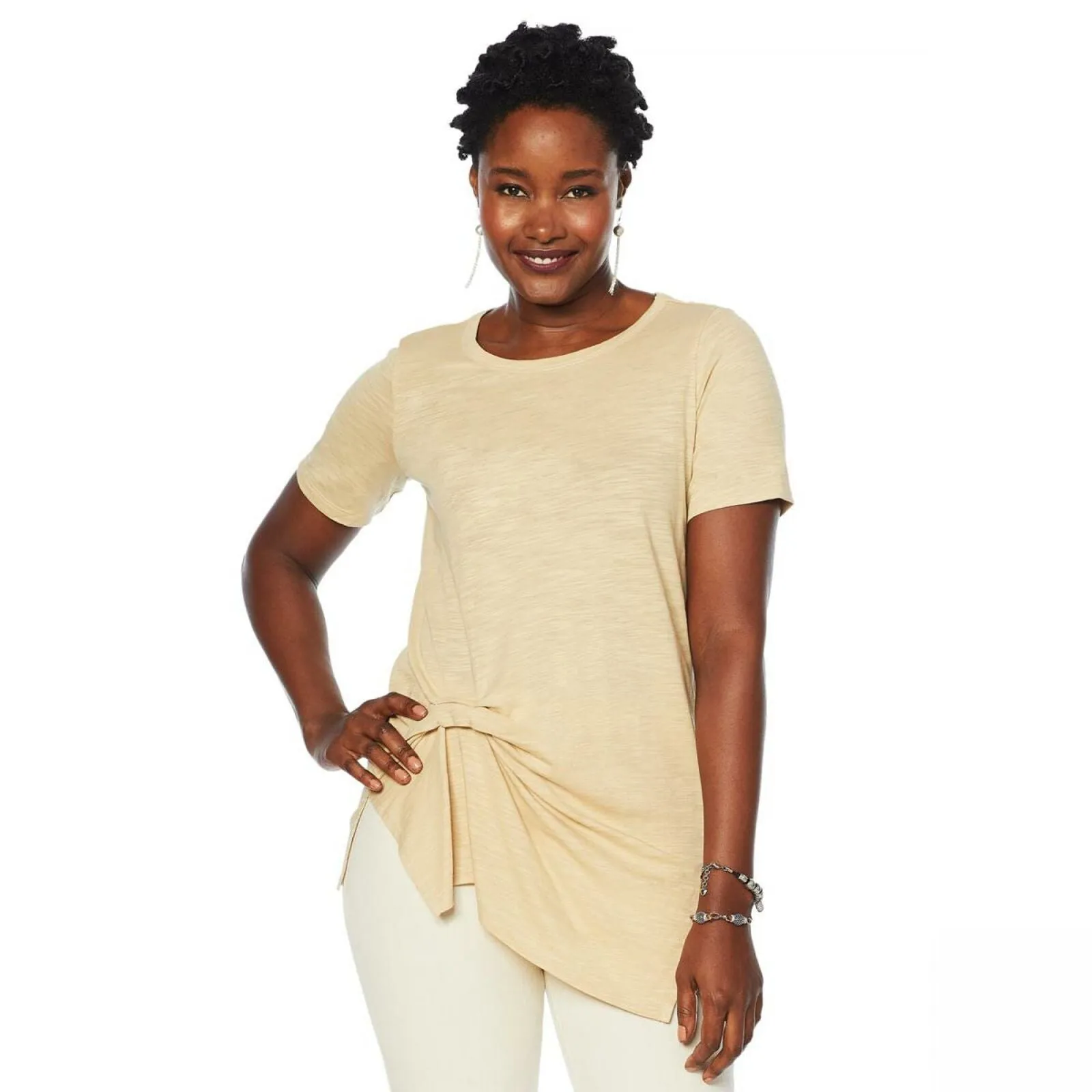 DG2 by Diane Gilman Draped And Gathered Knot Side T-Shirt Sand Small