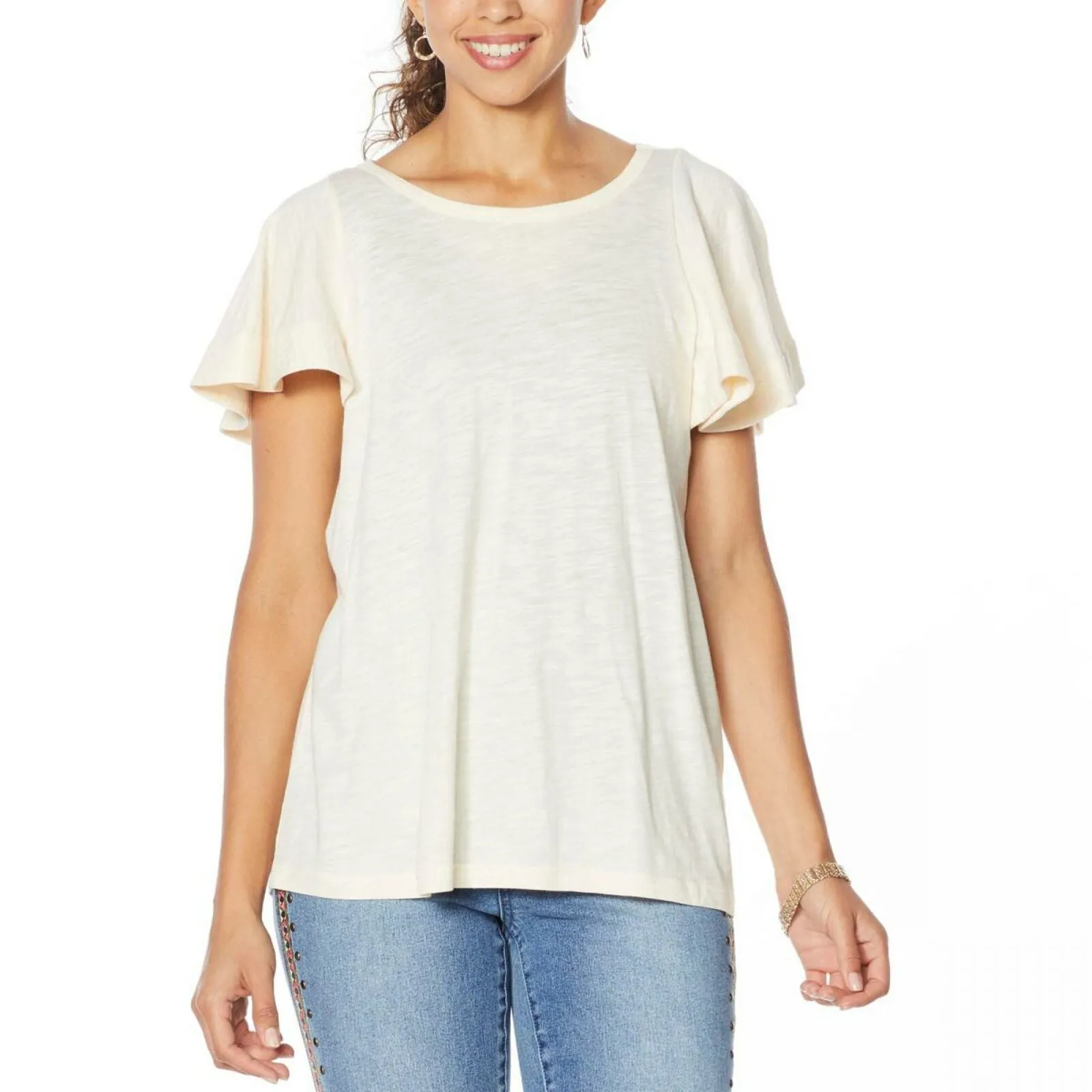 DG2 by Diane Gilman Women's Flutter Sleeve T-Shirt Cream Medium