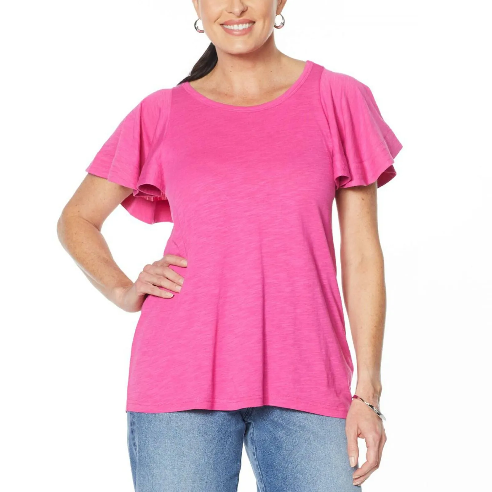 DG2 by Diane Gilman Women's Hi Low Flutter Sleeve T-Shirt Pink XL