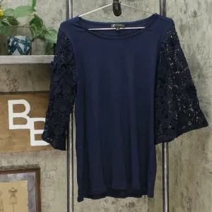 DG2 by Diane Gilman Women's Lace Sleeve Blouse Navy Medium