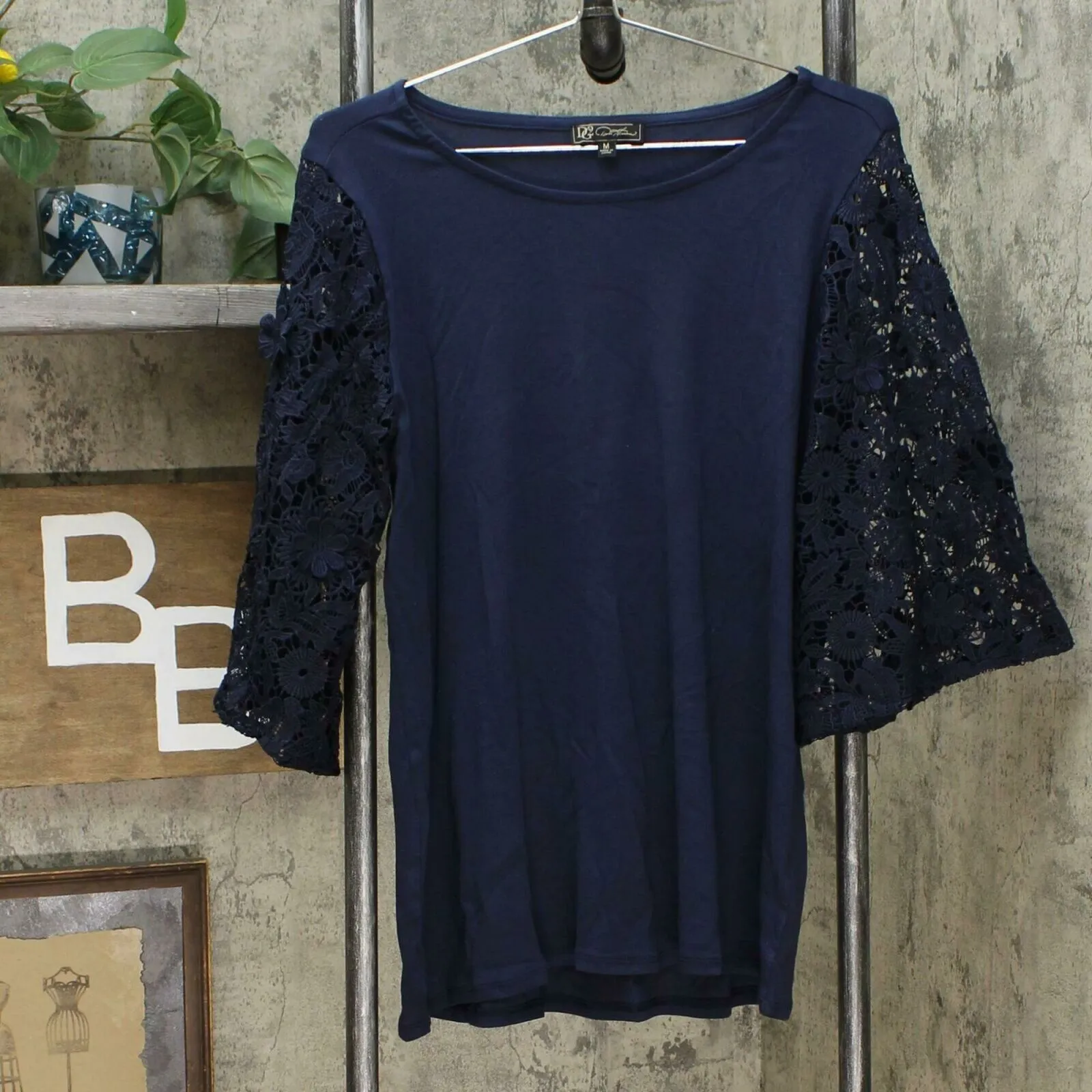 DG2 by Diane Gilman Women's Lace Sleeve Blouse Navy Medium