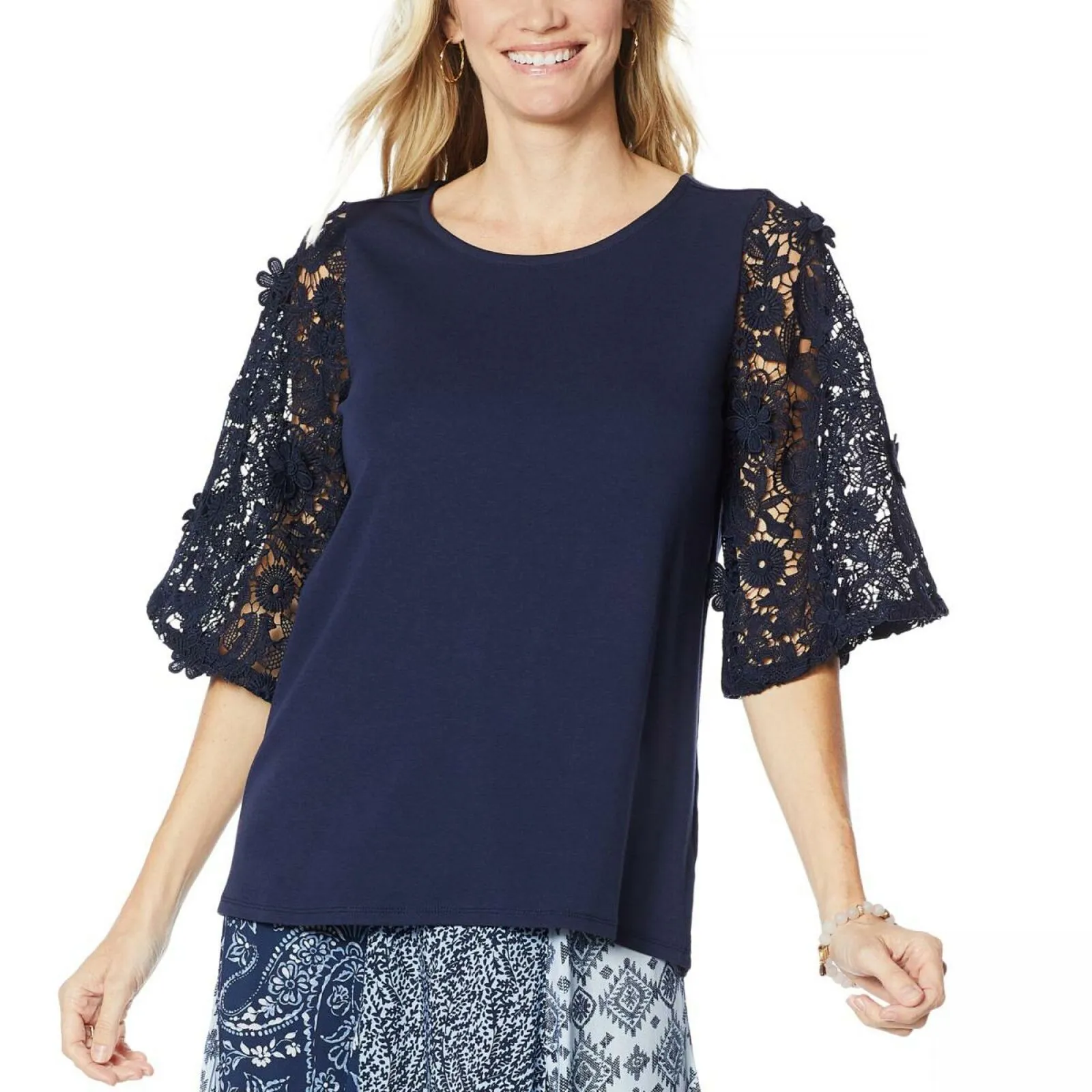 DG2 by Diane Gilman Women's Lace Sleeve Blouse Navy Medium