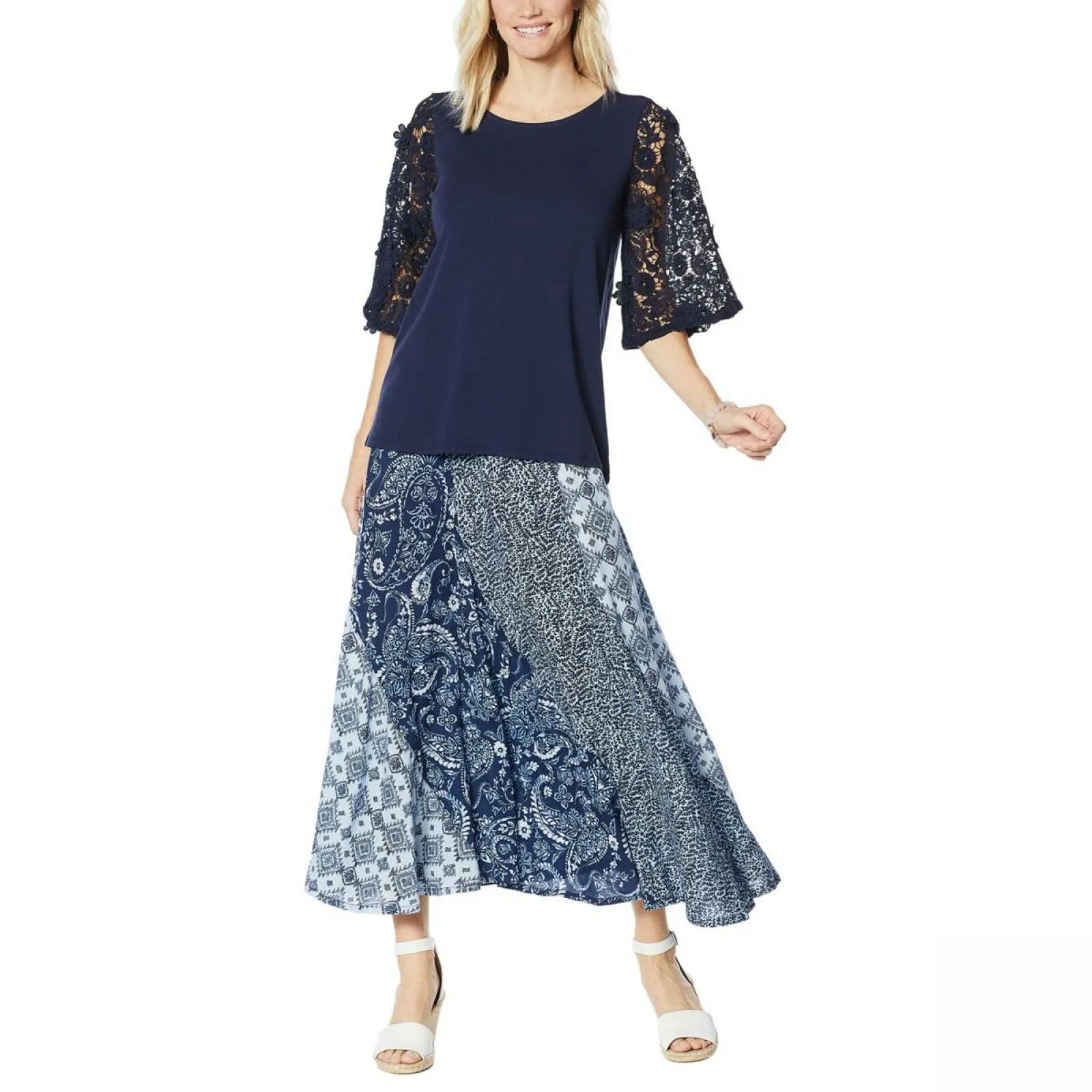 DG2 by Diane Gilman Women's Lace Sleeve Blouse Navy Medium