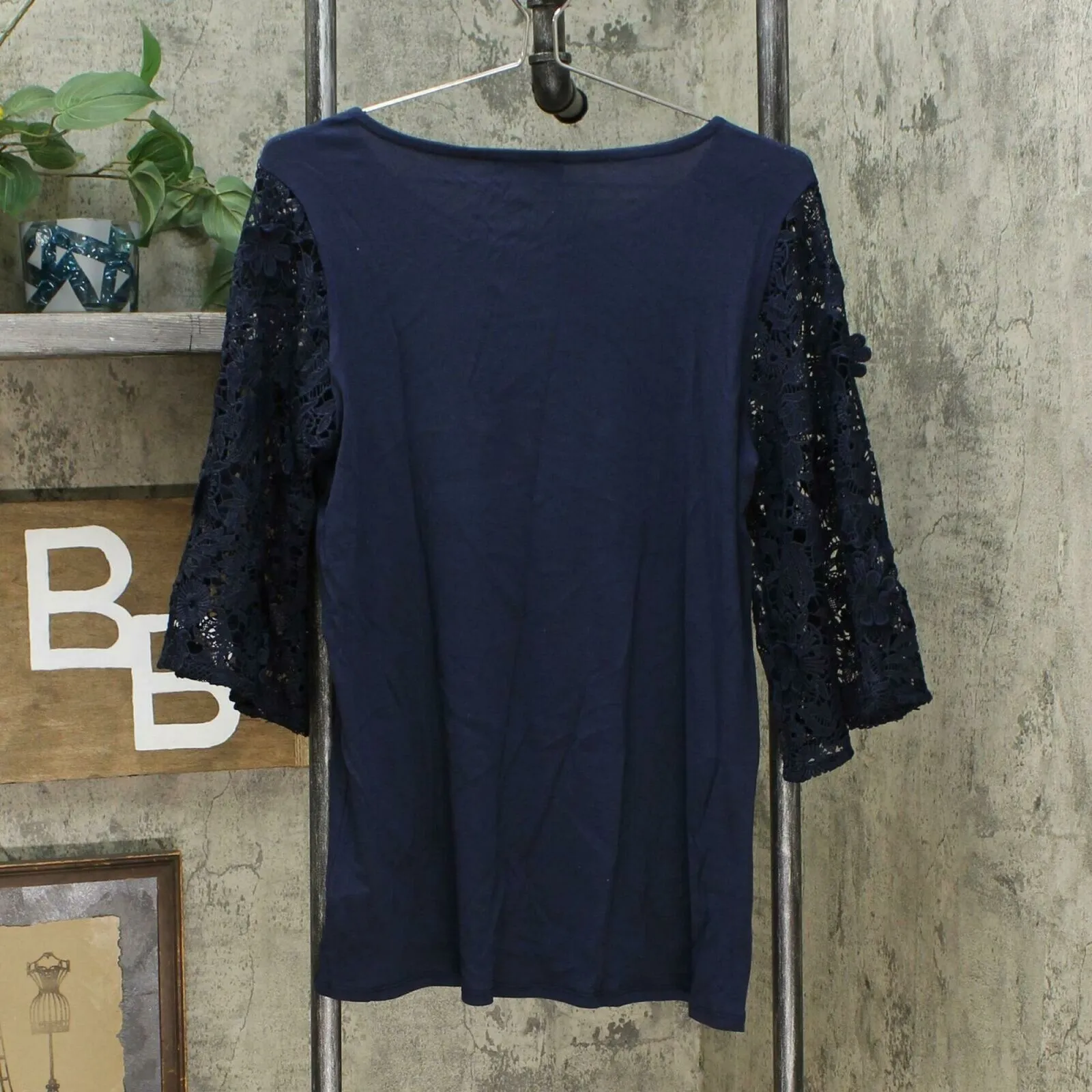DG2 by Diane Gilman Women's Lace Sleeve Blouse Navy Medium