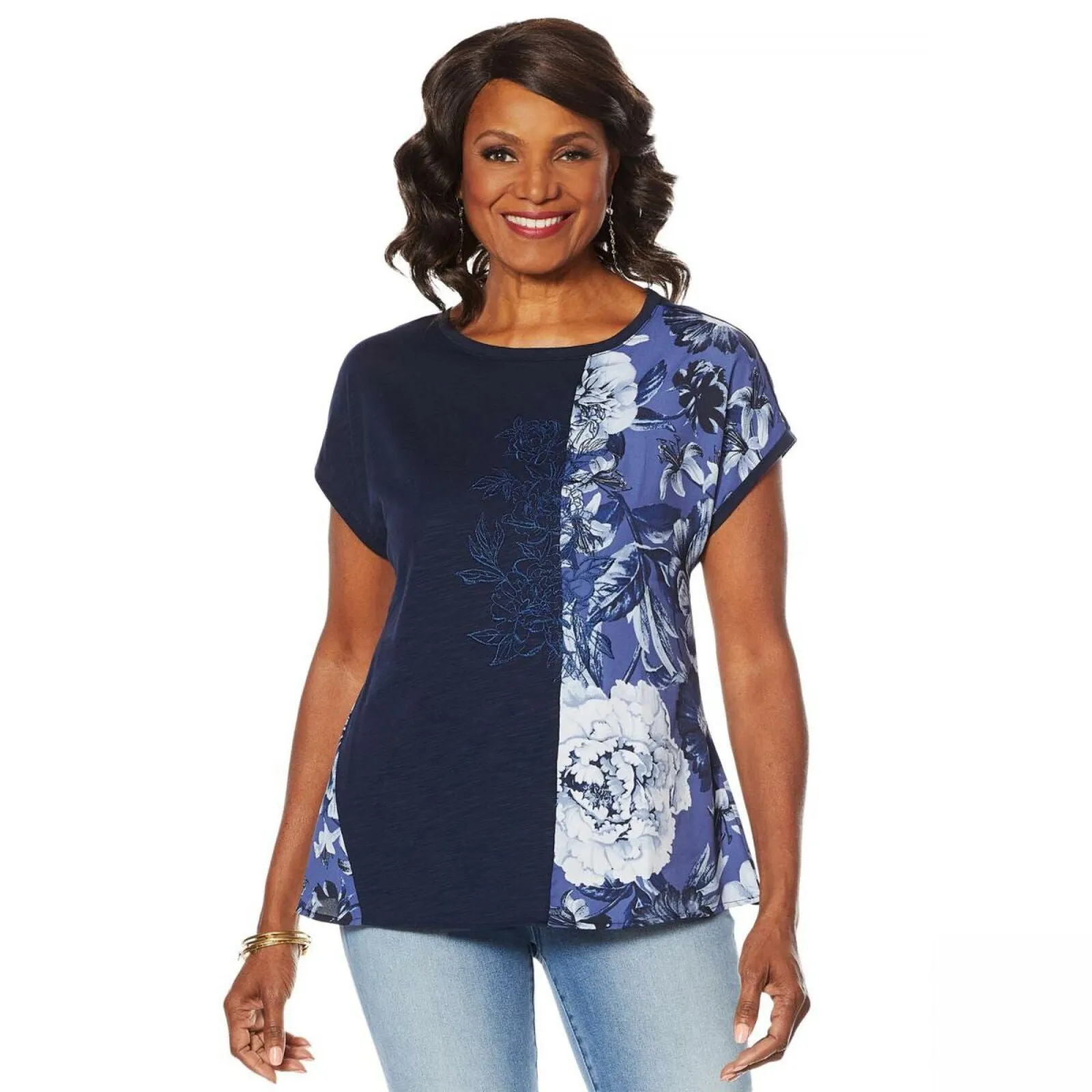 DG2 by Diane Gilman Women's Mixed Media Embroidered Front Seam Blouse