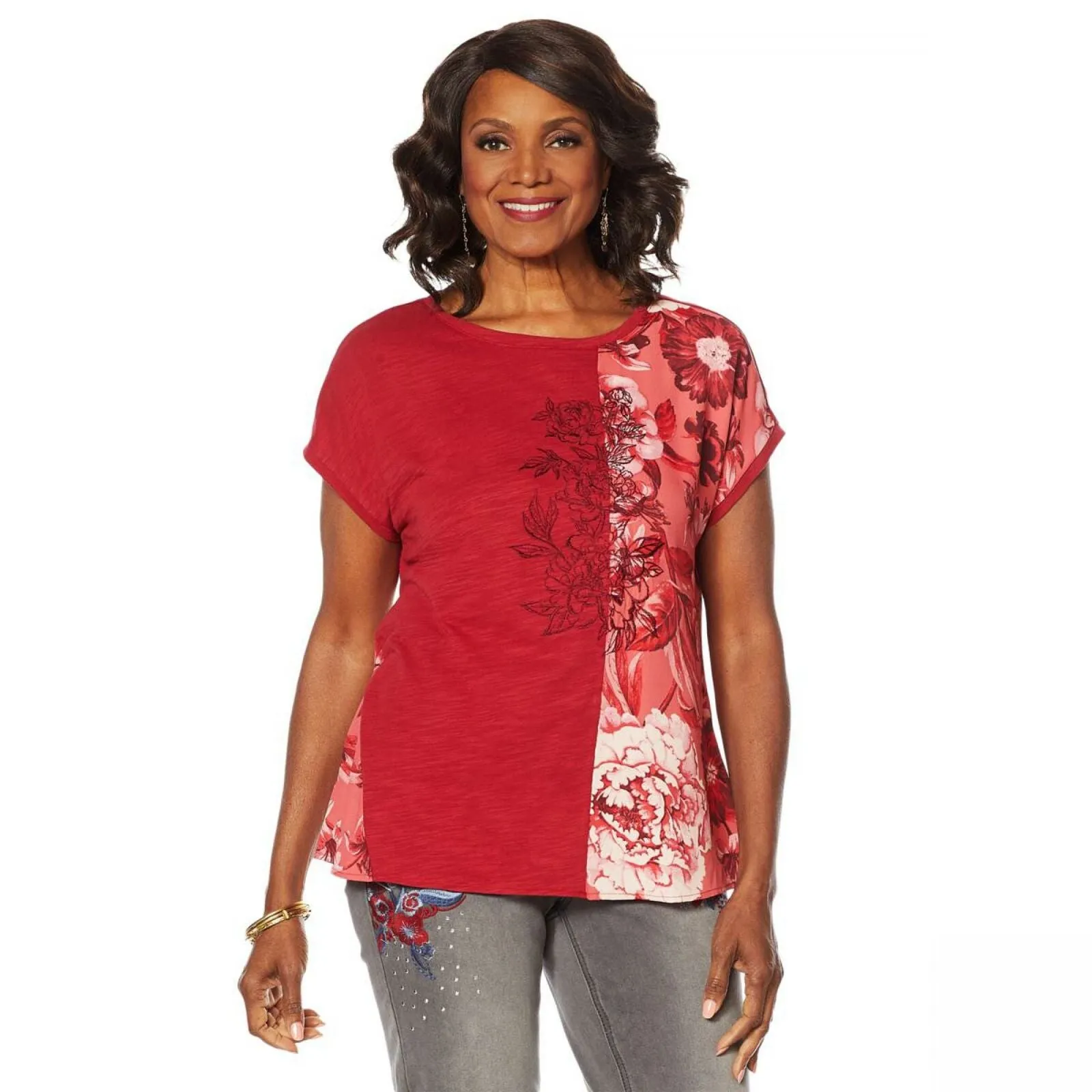 DG2 by Diane Gilman Women's Mixed Media Embroidered Front Seam Blouse