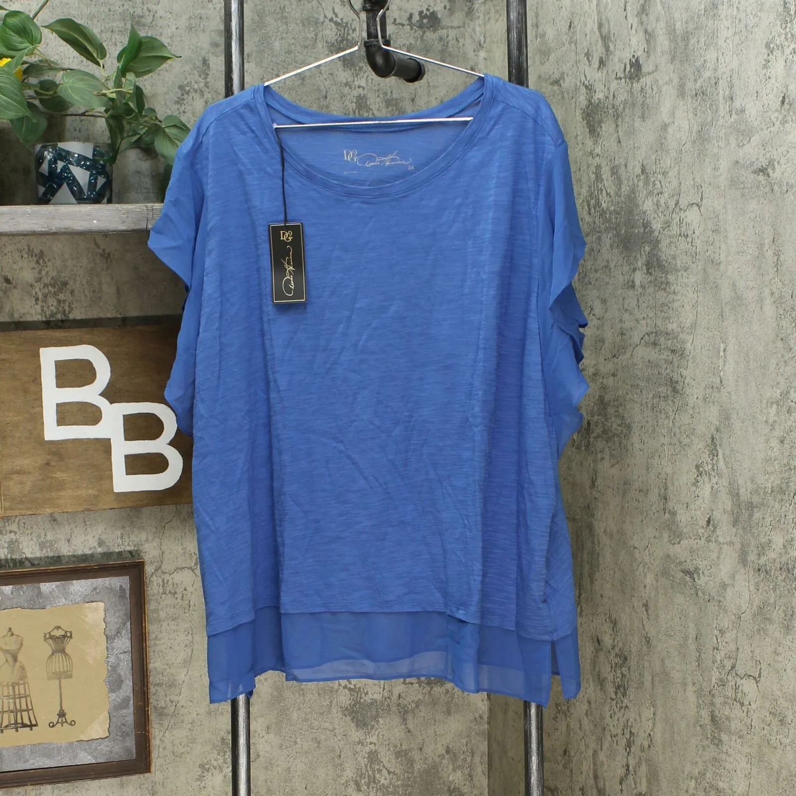 DG2 by Diane Gilman Women's Plus Size Flutter Sleeve Combo T-Shirt
