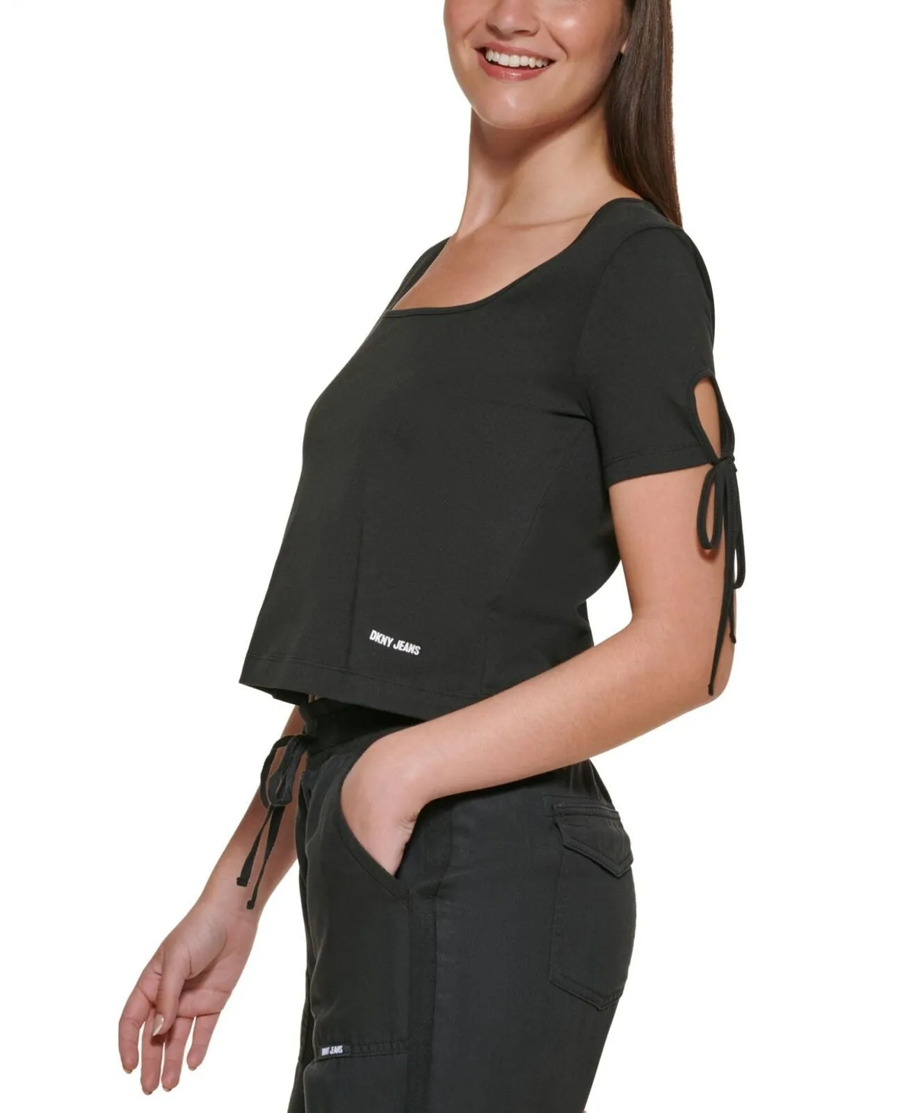 Dkny Jeans Women's Cropped Tied-Sleeve T-Shirt E22F8HIG Black L