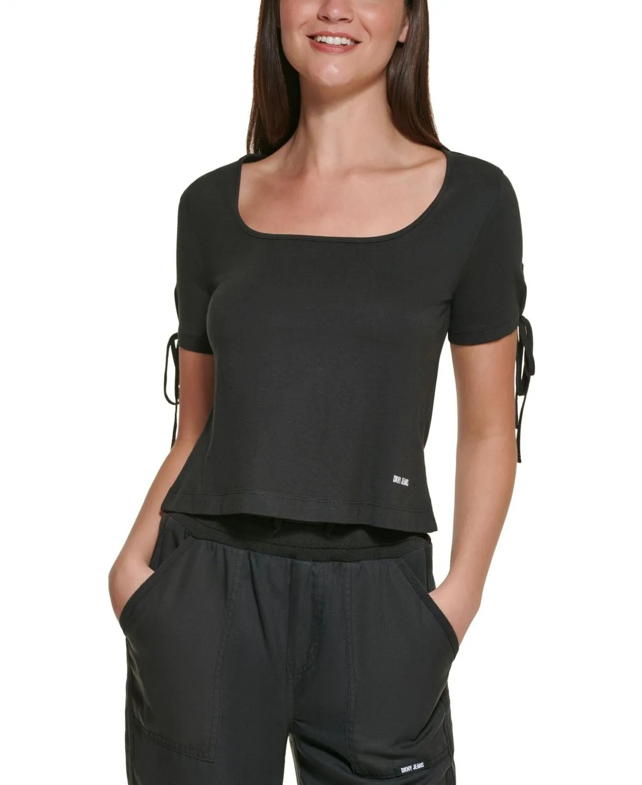 Dkny Jeans Women's Cropped Tied-Sleeve T-Shirt E22F8HIG Black L