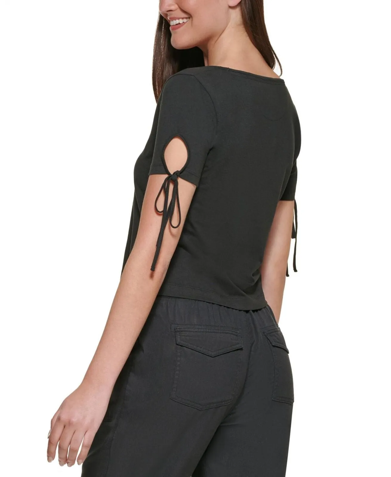 Dkny Jeans Women's Cropped Tied-Sleeve T-Shirt E22F8HIG Black L