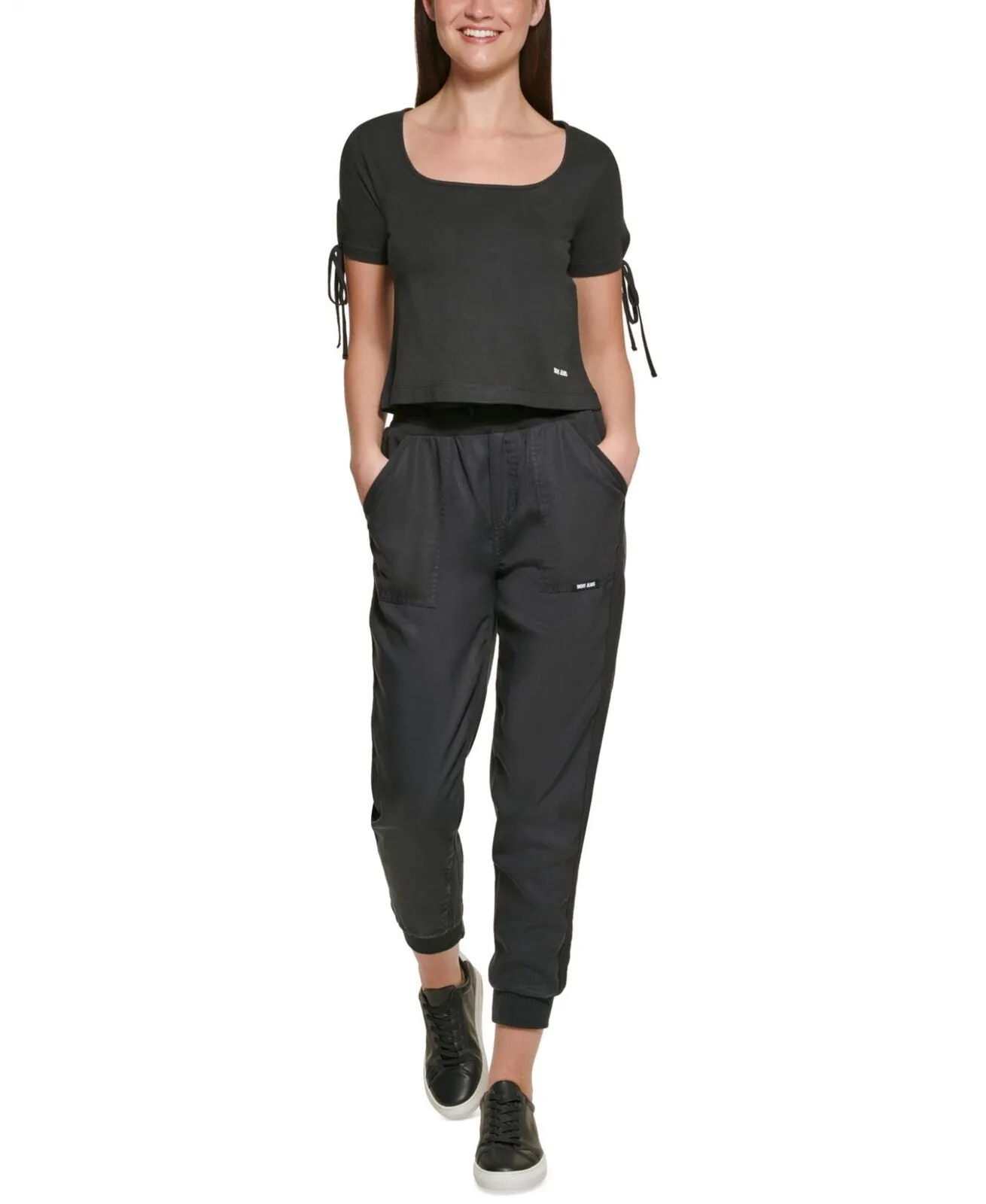 Dkny Jeans Women's Cropped Tied-Sleeve T-Shirt E22F8HIG Black L
