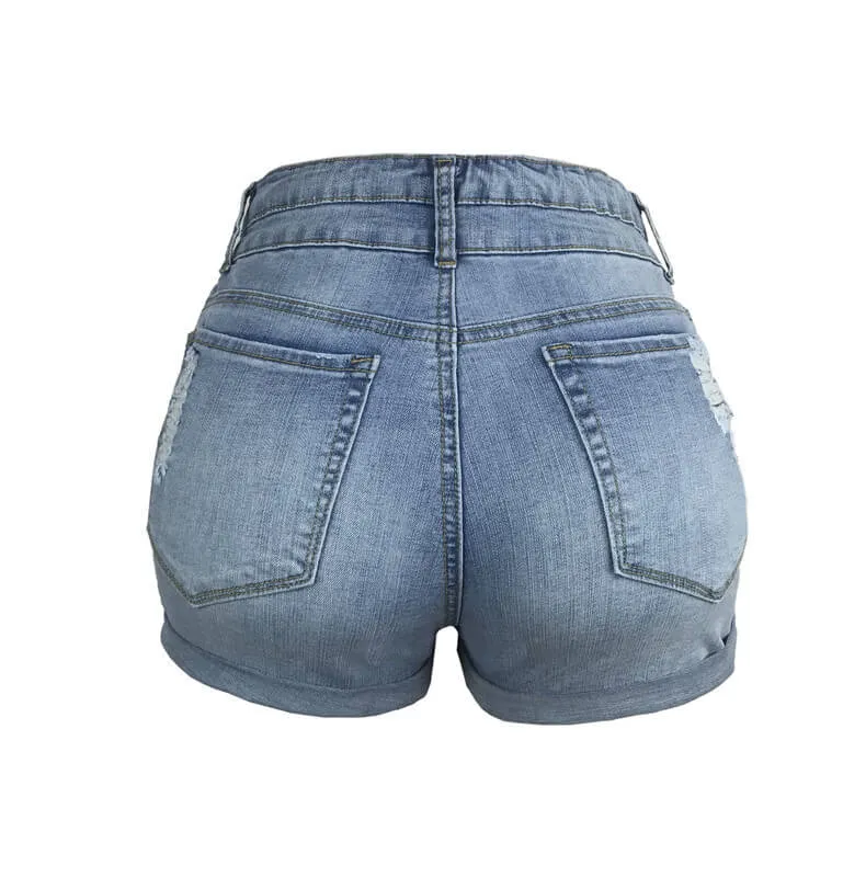 Double Button Shorts Women's High Waist Ripped Denim Shorts