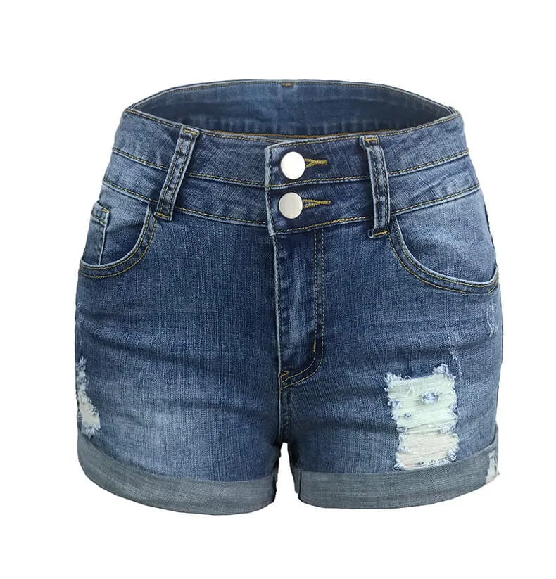 Double Button Shorts Women's High Waist Ripped Denim Shorts